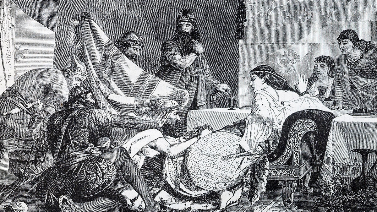 etching of An etching of an 1865 painting showing queen Esther condemning Haman.