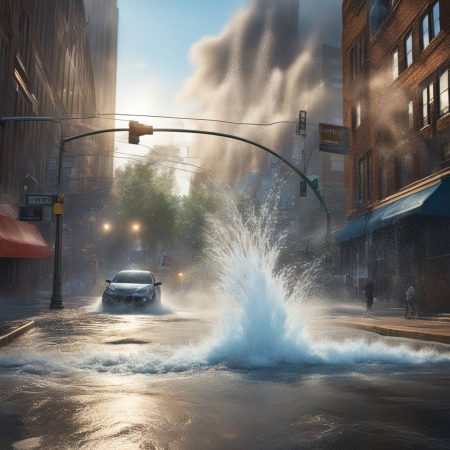 Water spraying over street after water main bursts