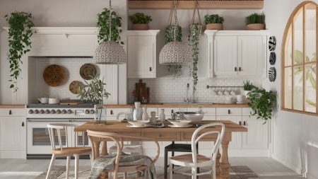 kitchen wooden chairs table plants