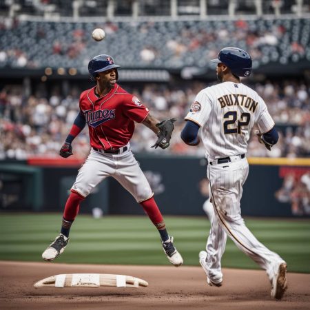 Twins' Byron Buxton narrowly avoids collision with bratwurst mascot in matchup against Brewers.