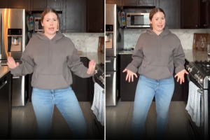 woman tries skinny jeans