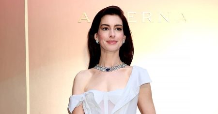 Anne Hathaway Glams Up a Gap Shirt Dress — Inspired by Audrey Hepburn — With Bulgari Jewelry 1