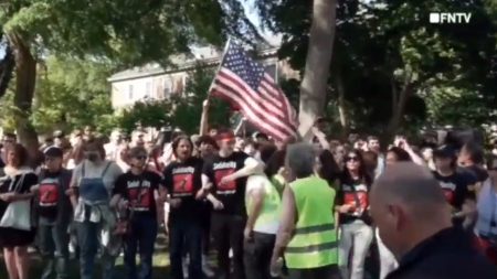 Patriotic students protest behind anti Israel protesters