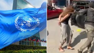 UN flag building Woman Hamas