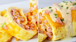 ham and cheese omelet split